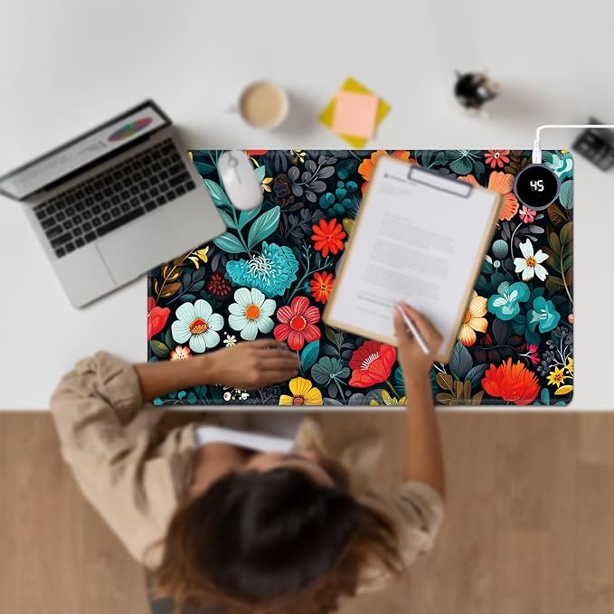 Heated Desk Pad Large Mouse Pad 23.6 x 14.1 inch with 3 Levels Heating & Auto Shut-Off Warm Mouse pad PU Leather Computer Mousepad for Home Office Work - Colorful Flowers and Leaf