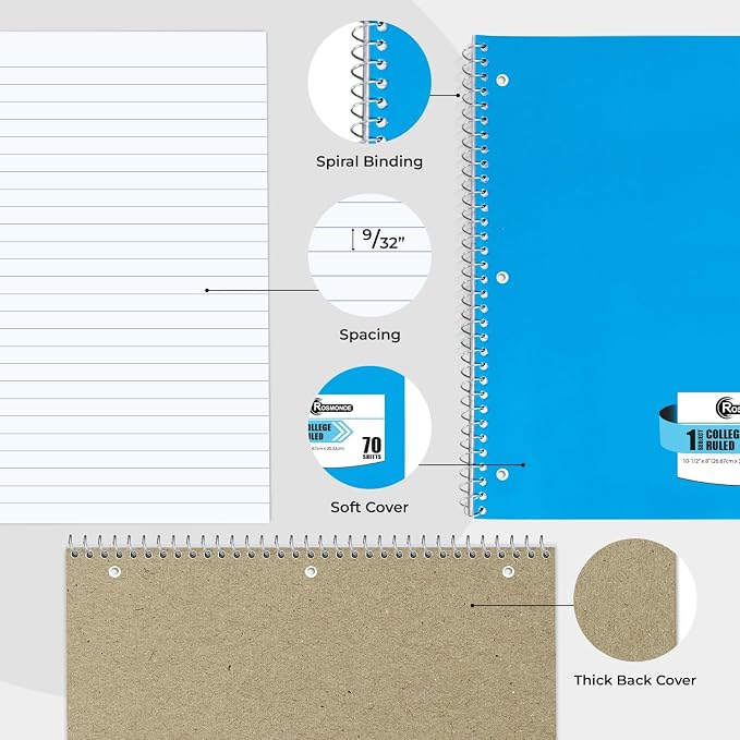 Rosmonde Spiral Notebook, 24 Pack, 1 Subject, College Ruled, 70 Sheets, 8 x 10-1/2", 3 Hole Punched, Bulk College Ruled Notebooks for School, Single Subject Spiral Notebook Bulk, Assorted Colors