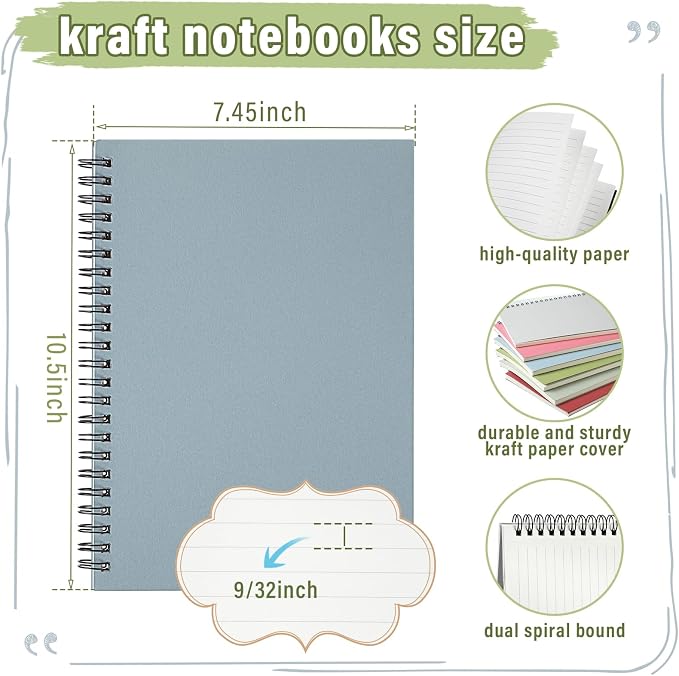 Fuutreo 6 Pack B5 Spiral Notebooks 10.5 x 7.45 Inch College Ruled Aesthetic Journal Kraft Hardcover 70 Sheets (140 Pages) Spiral Notebook for Office Students Work Journaling(Fresh,Morandi)
