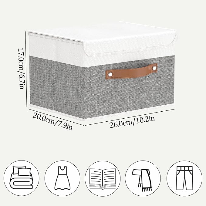 OUTBROS Storage Boxes, Bins with Lids, 10.2x7.9x6.7 in, White/Grey | Cotton and linen cloth Storage Baskets with Handle, for Books, Closet, Bedroom, Home