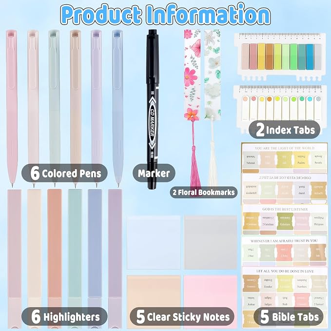 26Pcs Bible Study Supplies Journal Kit Aesthetic Pastel Highlights Pens Tabs Bookmarks for Women Teens School Accessories Cute Colorful Bible Highlighters Pens No Bleed Sticky Notes Index Maskers