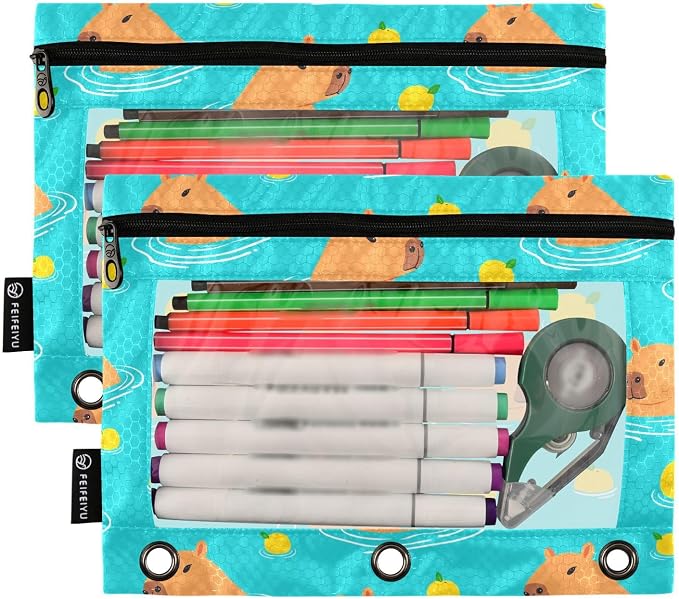 Gredecor Binder Pencil Pouch 3 Ring Cute Capybara Teal Zipper Pencil Pouches Case 2 Pack Clear Binder Organizer for School Office