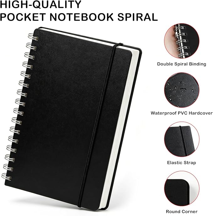 4 Pack Small Spiral Notebooks 3.5 x 5.5 in College Ruled, Mini Spiral Notebook, Waterproof 80 Sheets/160 Pages, Pocket Notebook with 120 Pcs Sticky Index Tabs for Home Office College School (Black)