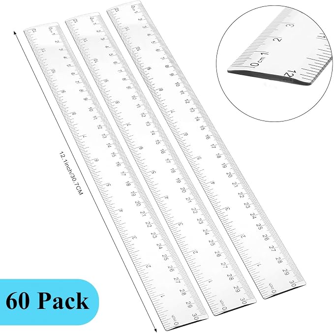 Zonon 60 Pcs 12 Inch Rulers Bulk Clear Plastic Straight Ruler for First Day of School Gift Back to School Supplies Flexible Measuring Tool with Centimeters and Inches for Student Office