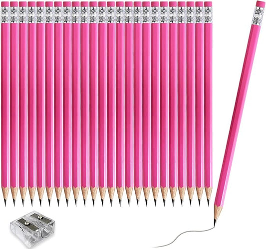 Adhere 25pcs Woodcase Pencils with Eraser Premium Pre-Sharpened Hexagon Graphite 2B pencils ideal for home, office writing including a Free Sharpener(Pink・25pcs)