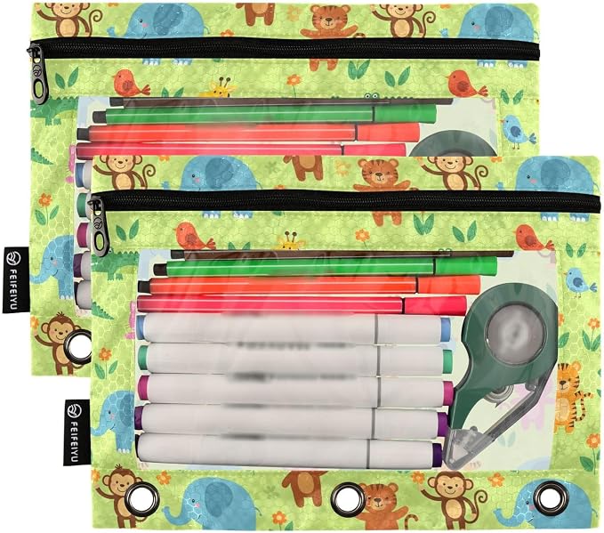 Emelivor Cartoon Animals Green Pencil Pouch for 3 Ring Binder 2 Pack Binder Pencil Case with Clear Window Pencils Bags with Zipper for Office Daily College Home Supplies