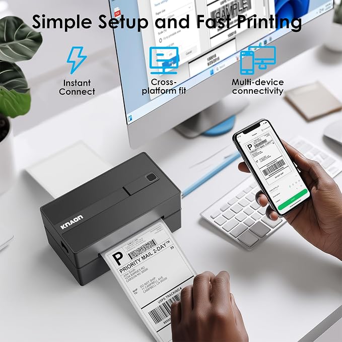 KNAON Bluetooth Thermal Shipping Label Printer, 4x6 Portable Thermal Address Label Printer for Small Business, Compatible with iPhone,Android,Windows,Mac,–Works with Etsy Shopify USPS&More, Black