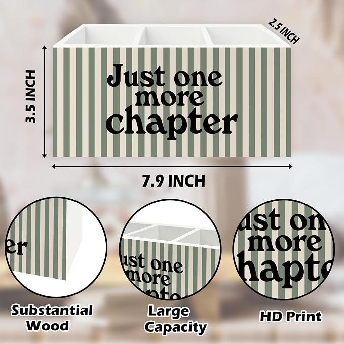 Book Lover Classroom Pen Pencil Holder Organizer for Desk, Just One More Chapter Bookish Striped Wooden Box Signs Decorations for Reading Nook Room Library Desk Tabletop, Book Lover Reader Gifts