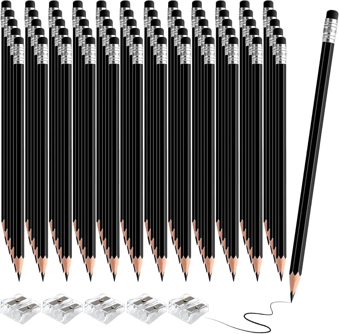 60 PCS Black Pencils Bulk with Eraser, Pre-Sharpened HB Pencils for Writing & Drawing, School Supplies for Kids Homework, Tests, Art Crafts & Teacher Grading (Black)