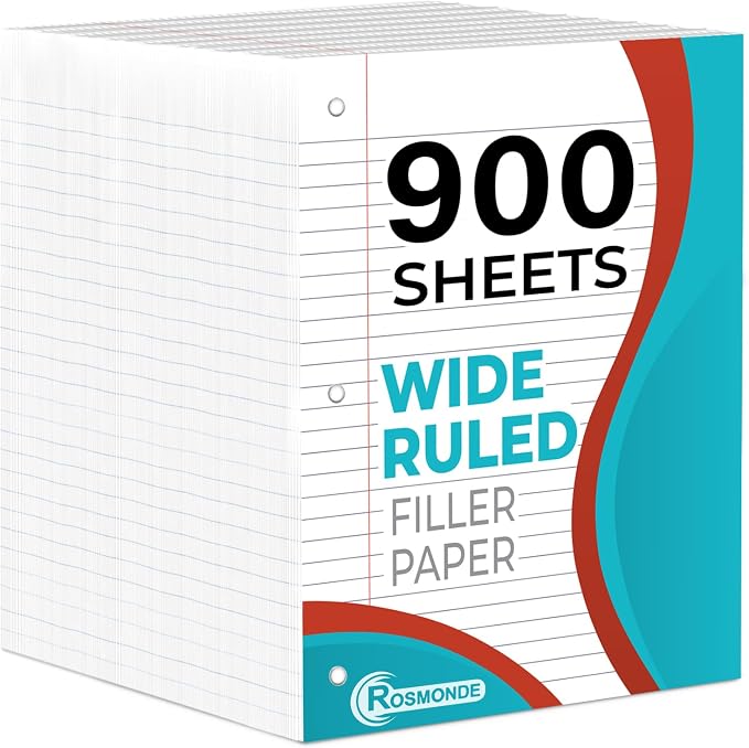 Rosmonde 6 Pack Loose Leaf Paper, 900 Sheets, Wide Ruled Filler Paper | Bulk Office Filler Paper, 8" x 10.5", 3 Hole Punched, 150 Sheets/Pack, Wide Ruled Notebook Paper for Binder, White