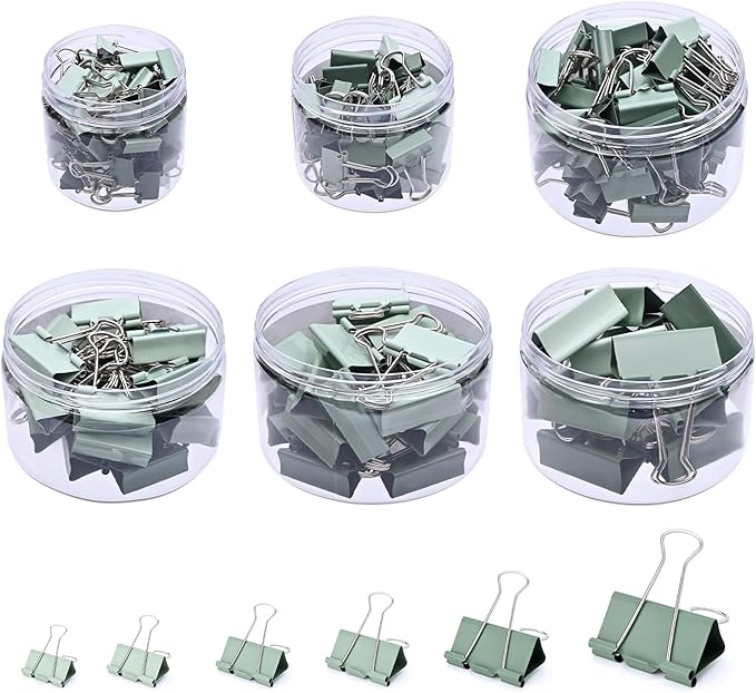 Temiary Metal Binder Clips, Assorted Sizes Extra Large, Large, Medium, Small, Mini, Micro Binder Paperwork Clip, Morandi Colored Paper Clamps Bulk for Office, Home, School (Green 208P)