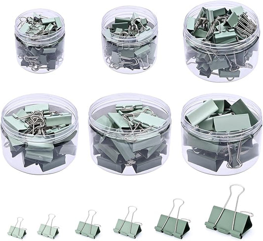 Temiary Metal Binder Clips, Assorted Sizes Extra Large, Large, Medium, Small, Mini, Micro Binder Paperwork Clip, Morandi Colored Paper Clamps Bulk for Office, Home, School (Green 208P)