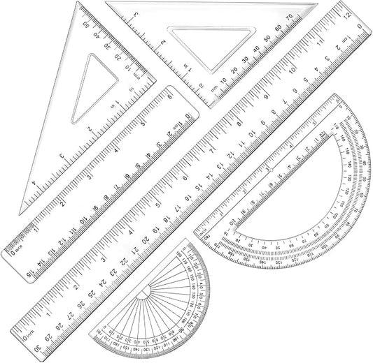 6 Piece Geometry Set, Professional Drafting Tools | 12″/6″ Clear Rulers, 2 Triangle Rulers, 2 Protractor for School, Office, Engineering & Art Drawing