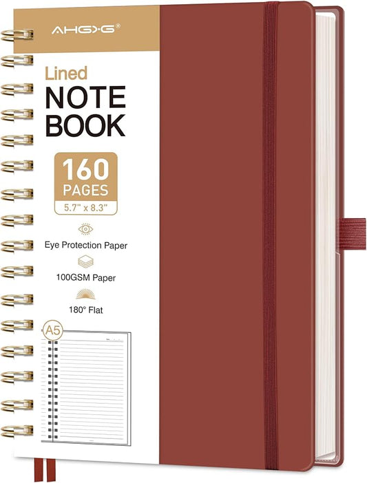 AHGXG Spiral Journal Notebook, 160 Lined Pages, A5 Size (5.7'' x 8.3'') | for Men & Women, Journaling, Writing, Work & Office, Hardcover, 100 GSM Thick Paper (Wine Red)