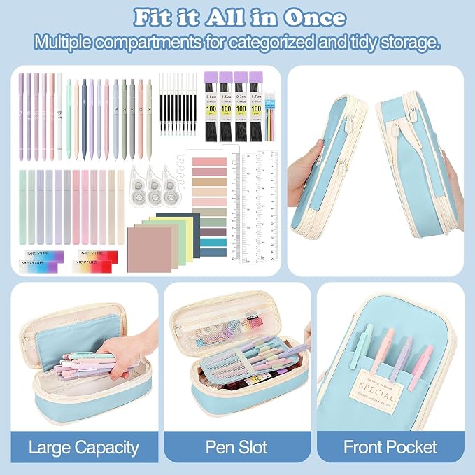 MoKo Pencil Case with Supplies, 60Pcs Aesthetic School Set, Blue | Includes highlighters, gel and ballpoint pens, mechanical pencils, refills, sticky notes, correction tapes and rulers.