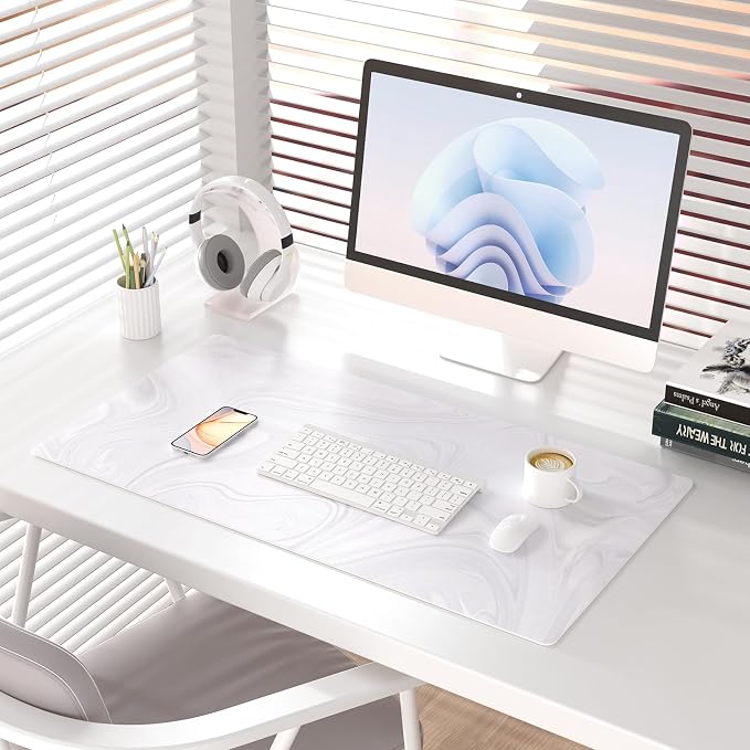 Colorful Star White Marble Waterproof Office Desk Mat, 31.5" x 15.7" | PU Leather Non-Slip Writing Desk Mat, XXL PC Laptop Protector Pads, Home Office Accessories for Women
