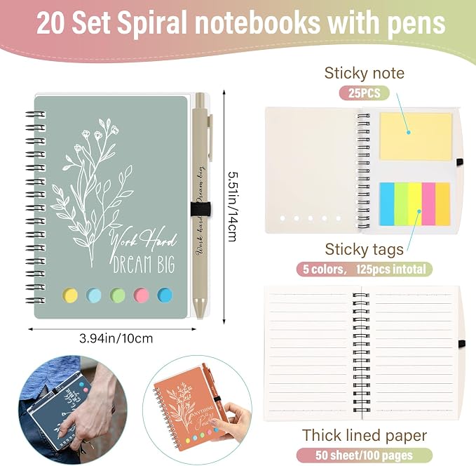 Tenceur 20 Set Mini Inspirational Notebook Back to School Motivational Pen Bulk Teacher Gift Small Pocket Journals Notepad Employee Appreciation Gift for Coworker Office (Bright Colors)