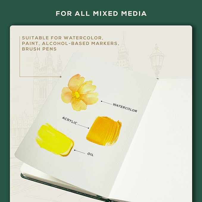 Beechmore Books 300 GSM Heavyweight Mixed Media Sketchbook A5 5.8"x8.3" - 96 Pages, Vegan Leather Hardcover Professional Art Journal for Paintings, Gouache and Ink