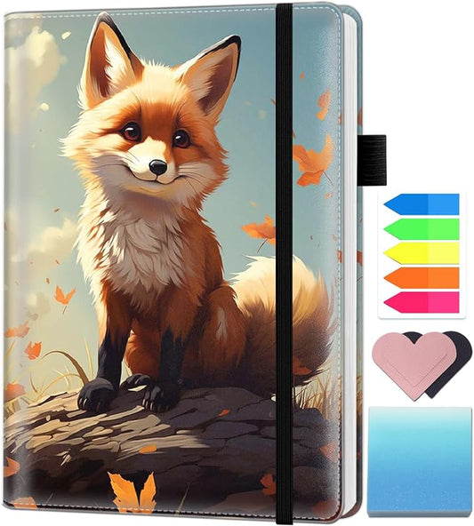 A5 Leather Lined Journal Notebook, 200 Pages Hardcover Executive Notebook for Men Women Office School Note Taking, Thick Writing Paper Daily Journal with Bookmarks/Indexes, Cute Fox
