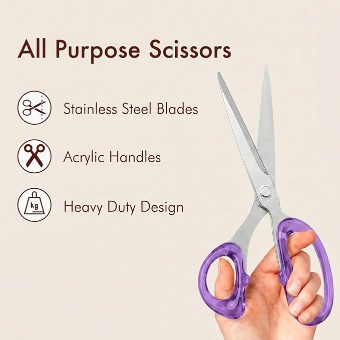 OfficeGoods 9” Stainless Steel Acrylic Scissors for Office and Home - Aesthetic and Sharp All Purpose Scissors, Perfect for Sewing, Arts and Crafts - Purple Silver Metal