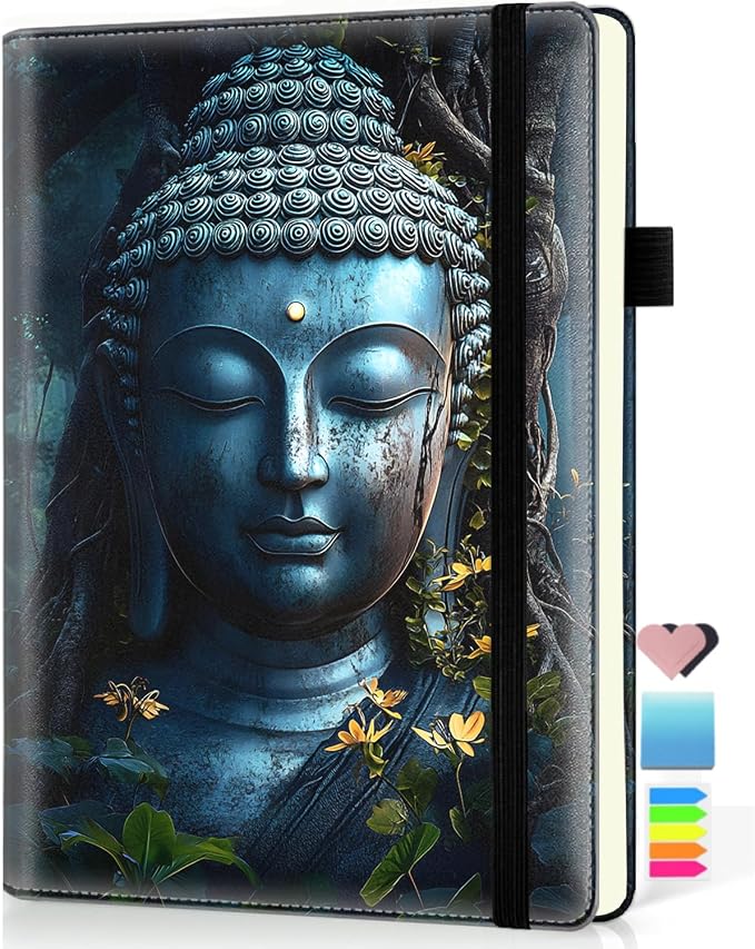 Hardcover Executive Notebooks, A5 PU Leather Lined Journal Notebook, 200 Pages Thick Paper Subject Notebooks for School,Work,Home Writing Business Notebook, Diary Book, Buddha Statue in Forest