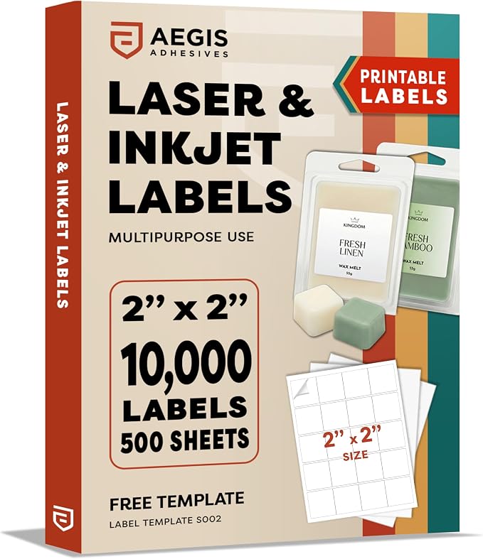 2x2 Inches Square Labels, Printable Custom Labels, Business Logo Stickers, Small QR Codes for Laser & Inkjet Printers, Matte White - Aegis Adhesives Template S002 (500 Sheets, 10000 Stickers)