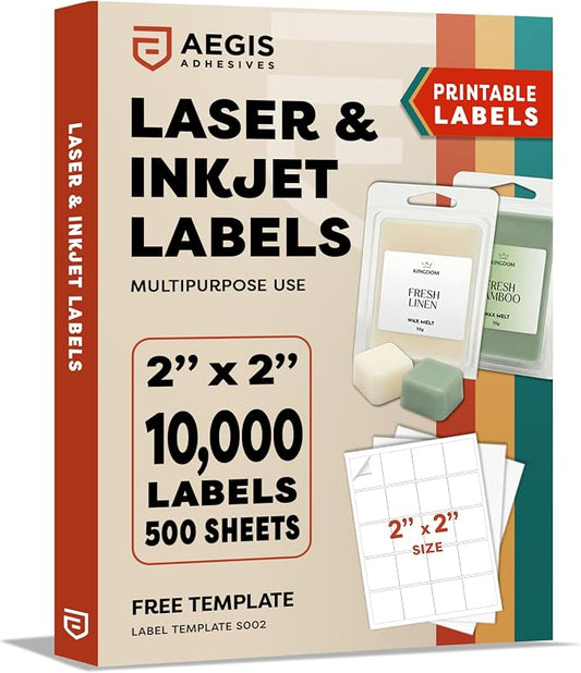 2x2 Inches Square Labels, Printable Custom Labels, Business Logo Stickers, Small QR Codes for Laser & Inkjet Printers, Matte White - Aegis Adhesives Template S002 (500 Sheets, 10000 Stickers)