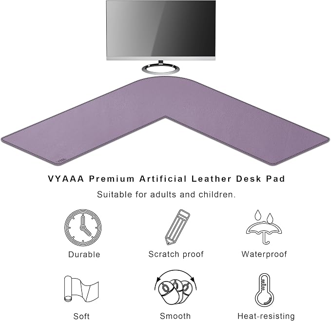 Vyaaa L Shaped Desk Mat, (39.4"+ 39.4") x 13" PU Leather Corner Desk Mat, Reversible L-Shape Desk mat, XL Gaming Mouse Pad for Computer, Gaming, Writing, Home and Office (Light Purple)