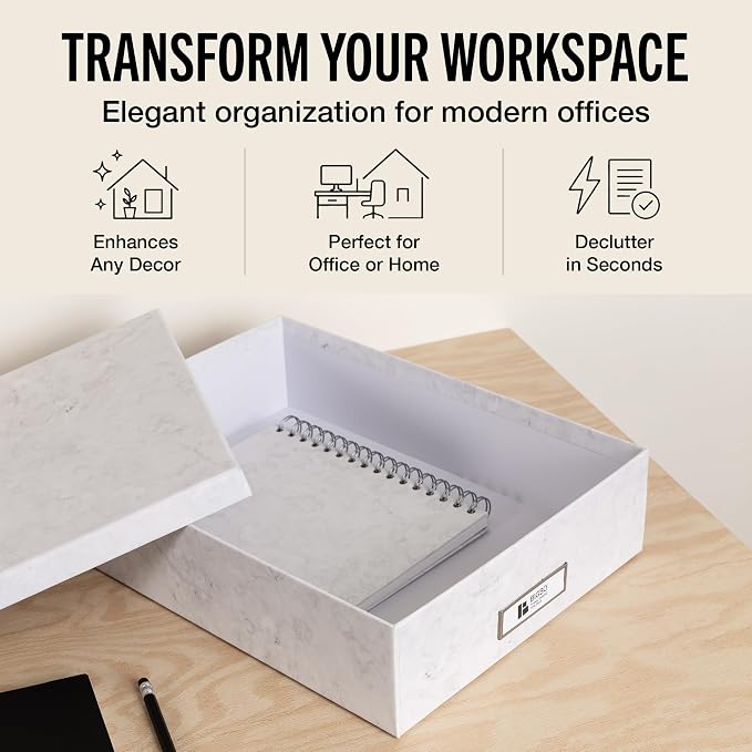 Bigso Oskar Fiberboard Label Frame Document Letter Box for Important Paperwork A4 or Letter Size - Durable Keepsake Box with Lid and Metal Label Holder - 3.3in x 10.2in x 13.8in - Marble