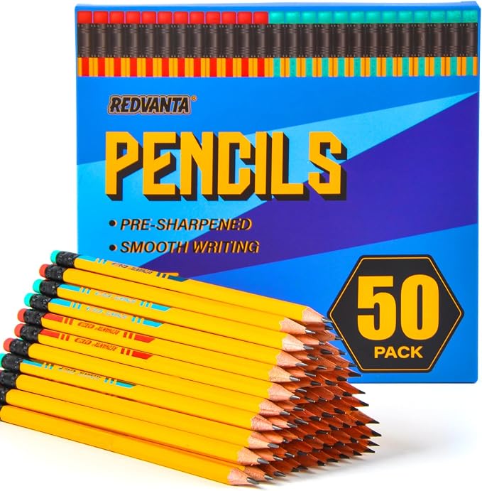 #2 HB Pencils, 50 Count Pre-Sharpened Yellow Wood Pencils Bulk Pack with Erasers, Break Resistant Lead, Smooth Writing for School, Classroom, Teacher & Office Supplies