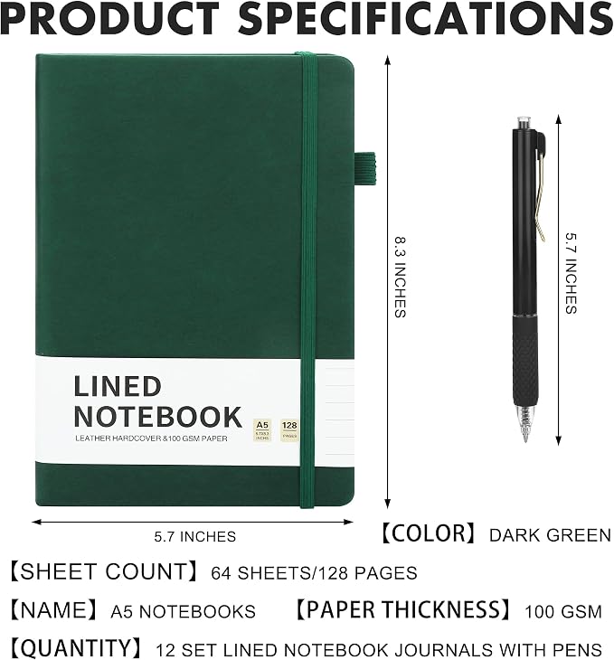 Aodaer 12 Set Lined Notebook Journals with Pens A5 Notebooks 100 GSM College Ruled Hardcover Notebook PU Leather Notepad with Pen Holder for Office School, 5.7 x 8.3 Inches, Dark Green