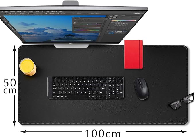 CENNBIE Leather Desk Mat Protector, 39.3" x 19.6" Large Mouse Pad(Black) | Premium stitched edges resist wear. Easy to clean. Protects desk from spills, stains ,scratches. Smooth glide. Office & home.