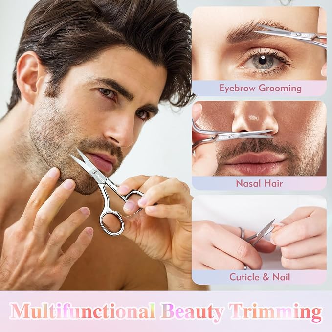 3.8 Inch Silver Eyebrow Scissors for Women Personal Care | Professional Stainless Steel Grooming Scissors for Eyebrows, Mustache & Beard Hair Trimming