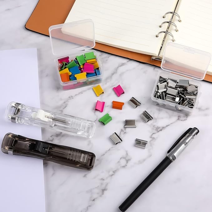 Office Supplies - 100pcs Reusable Metal Paper Clips, Portable Dispenser (50 Colorful + 50 Silver), 2 Small Storage Bins