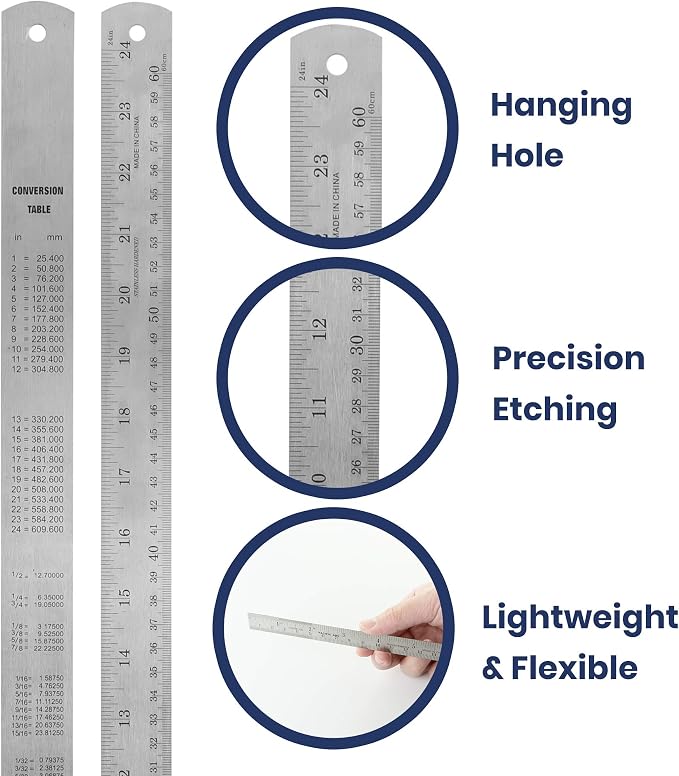 2 Pack Pacific Arc 24 Inch Stainless Steel Ruler with Inch/Metric Conversion Table