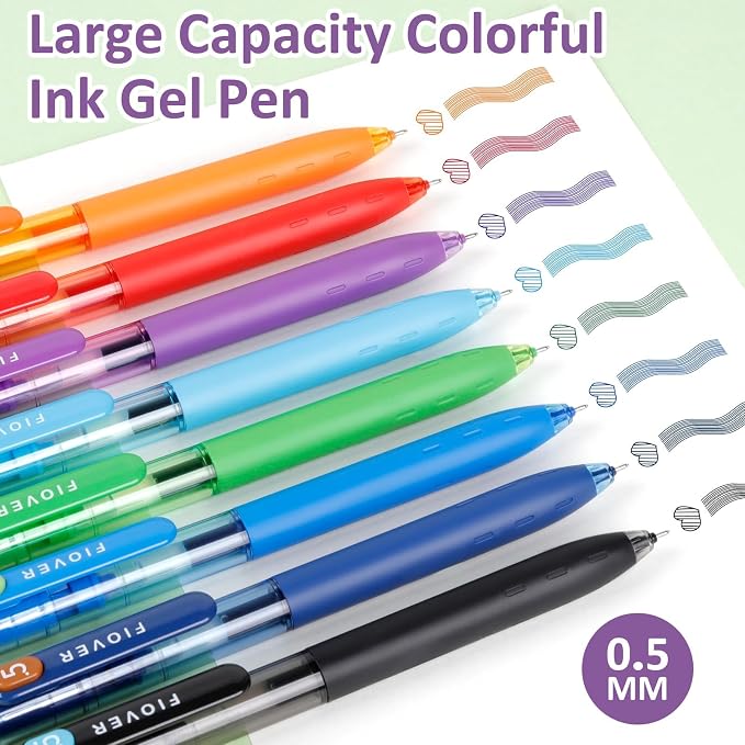 FIOVER Colored Gel Pens, 8 Pack, 0.5mm Fine Point | Quick Dry, Smooth Writing, For Journaling, Planner, Note Taking, School Supplies