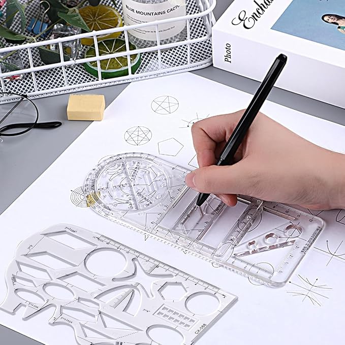 Multifunctional Geometric Ruler, 2 Pcs Geometric Drawing Template Measuring Tool Plastic Mathematics Drawing Ruler, Draft Rulers for Student School Office Supplies and Building Supplies-Clear
