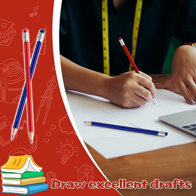 24 PCS Red and Dark Blue Pencils with Eraser, Pre-Sharpened HB Pencils for Writing & Drawing, School Supplies for Kids Homework, Tests, Art Crafts & Teacher Grading(Red Dark Blue)