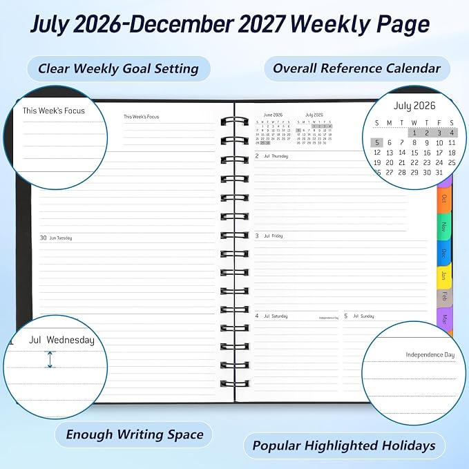 Daily Planner 2026-2027, 18-Month Weekly and Monthly Calendar Planner, July 2026-December 2027, Planning Agenda Book with Laminated Tabs, Flexible Cover, 100GSM Thick Paper, A5 Size,Black