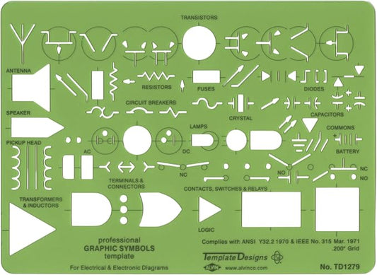 Alvin, TD1279, Professional Graphic Symbols Ruling Template, For Electrical and Electronic Diagrams - 5 x 7 x .03 inches