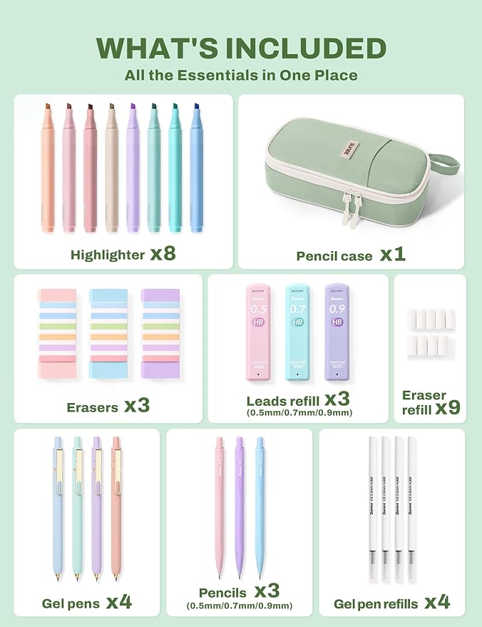 SUNEE 35PCS Aesthetic Stationery Set with Cute Pencil Case, Pastel Highlighters, Black Gel Pens, Mechanical Pencils & Refills, College School Supplies for Students Girls Green