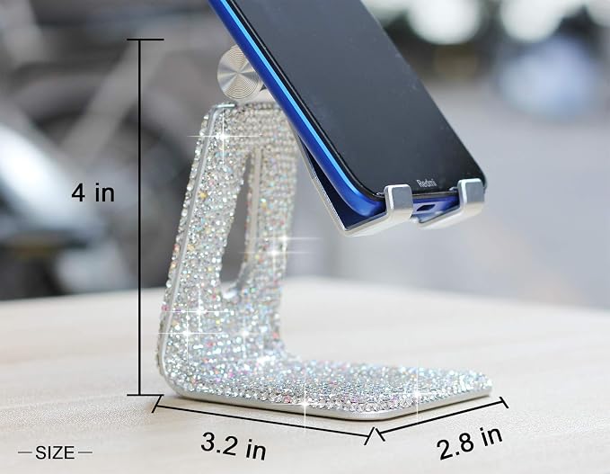 SZ Bling Rhinestone Crystal Adjustable Cell Phone Stand, Phone Holder for Desk, Phone Desktop Holder Stand Compatible with iPhone IPAD Samsung Smart (Silver)
