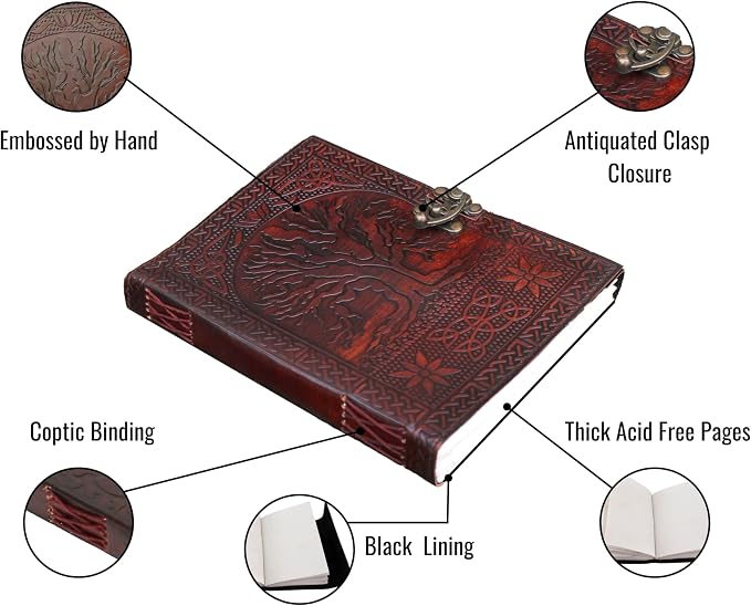 A5 Leather Journal with clasp Tree of life emboss Writing Pad Blank Notebook Handmade Notepad For Men & Women Unlined Paper Best Present Sketchbook Travel Diary To Write Book Of Shadows Refillable