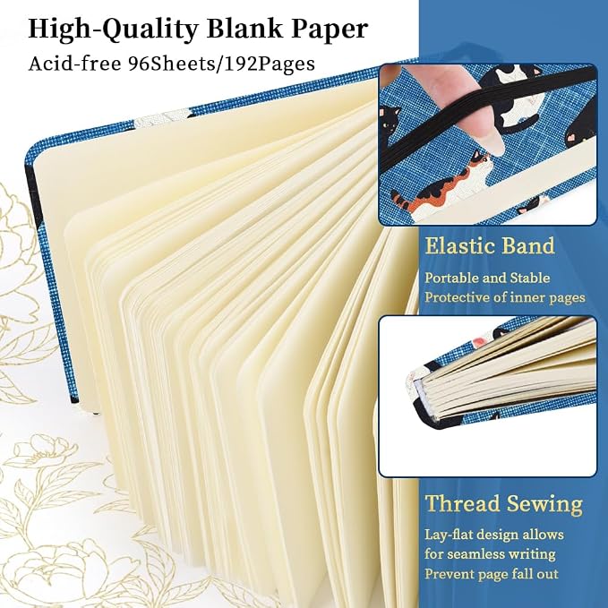 E-WEICHEN Square 4.8x4.8 inches 80gsm 96sheets/192 Pages Notebooks Blank Sketchbooks Travel Journal Pocket Hardcover Paint Writing Diary Memo Planner Cloth Cover. Cow Cat