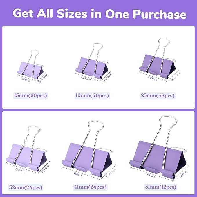 Temiary Metal Binder Clips, Assorted Sizes Extra Large, Large, Medium, Small, Mini, Micro Binder Paperwork Clip, Morandi Colored Paper Clamps Bulk for Office, Home, School (Purple 208P)