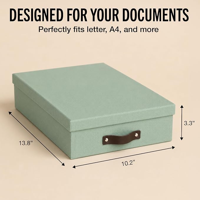 Bigso Oskar Canvas Fiberboard Document Letter Box for Important Paperwork A4 or Letter Size - Durable Keepsake Box with Lid and Leather Handle - 3.3in x 10.2in x 13.8in - Soft Teal