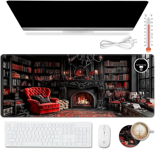 Warm Desk Pad,Heated Desk Pad,Office Mat,3 Heating Levels & 3 Hours Auto Shut-Off,31.5"*13" Gaming Mouse Laptop Keyboard Leather Desk Mat,Retro Bookshelf Red
