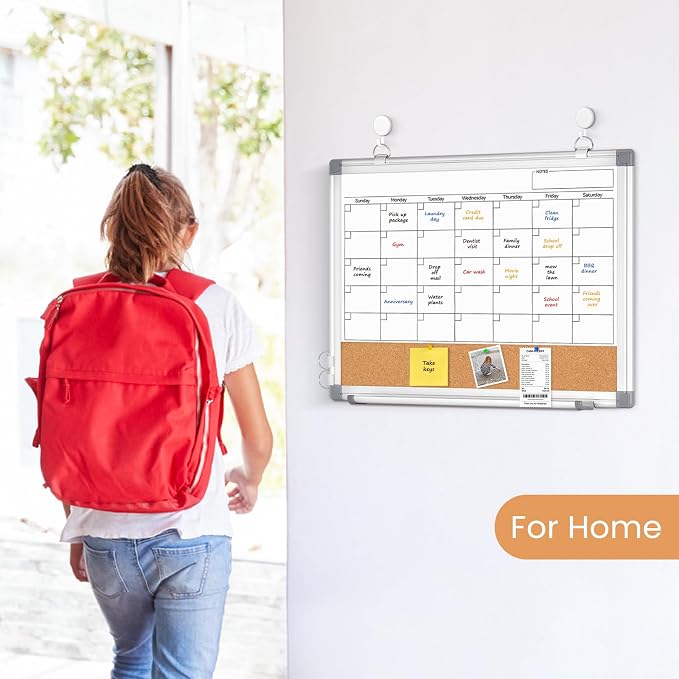 Small Monthly Dry Erase Calendar Whiteboard for Wall, 16" x 12" Double-Sided Magnetic Cute Calendar Dry Erase Board, Portable Hang Framed White Board Corkboard for Cubicle, Office, Home, College Dorm