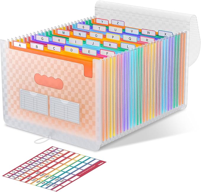 ThinkTex 26 Pockets Expanding File Folders, Accordion File Organizer | Monthly Bill Receipt Documents Organizer, A-Z Colorful Tabs, Letter/A4 Size for Classroom Office Home Hospital - Orange