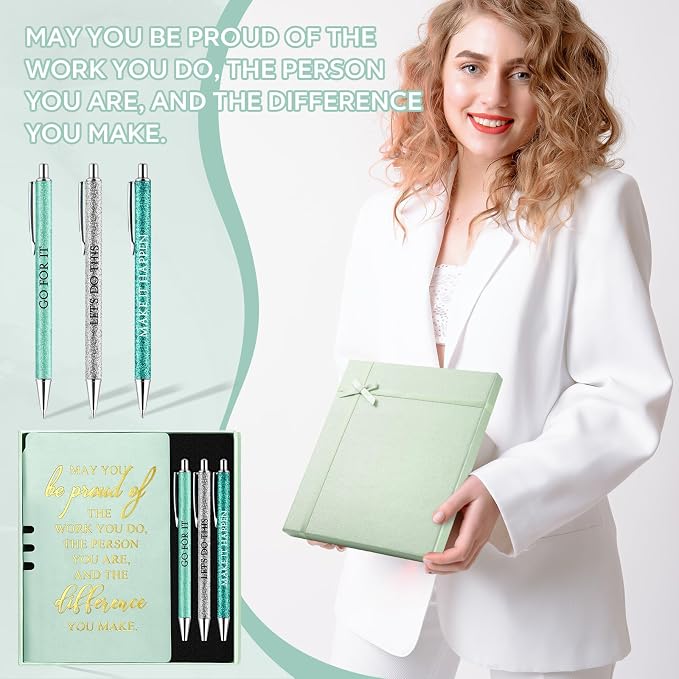 Resurhang 5 Pcs Employee Appreciation Gift Leather Journal Notebook 3 Ballpoint Pens with Box Thank You Gift for Nurse Volunteer Teacher Secretary Assistant Coworker Women(Green)